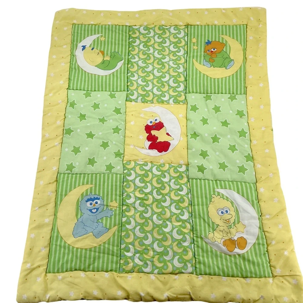 Vintage 90s Sesame Street Baby Quilt Toddler Green Yellow Elmo Big Bird 32
